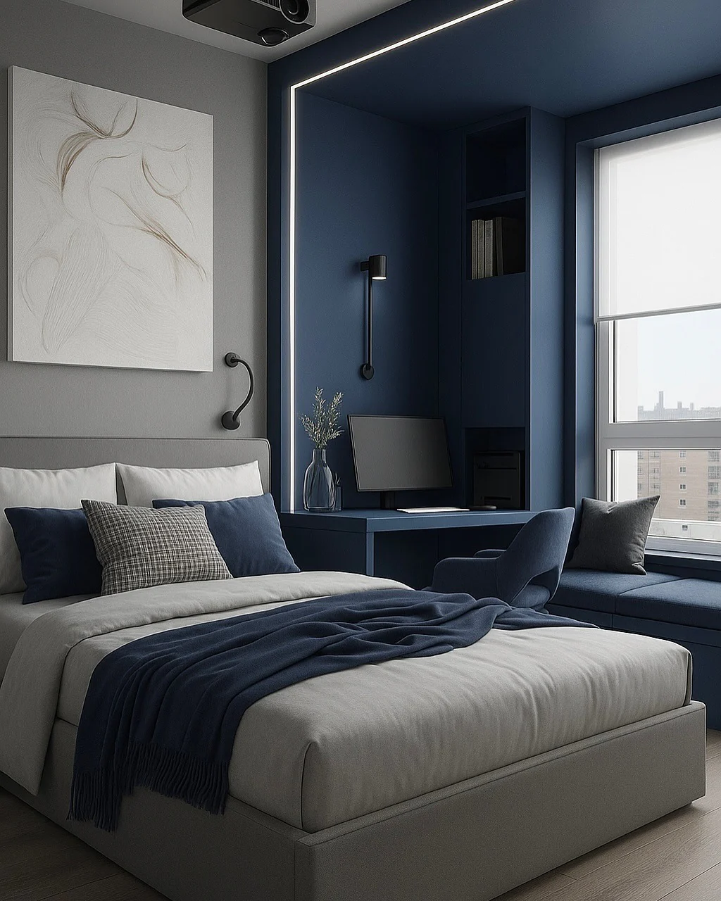 15. Contemporary Blue Built-In with Minimalist Touches (Dark Blue Bedroom Ideas)