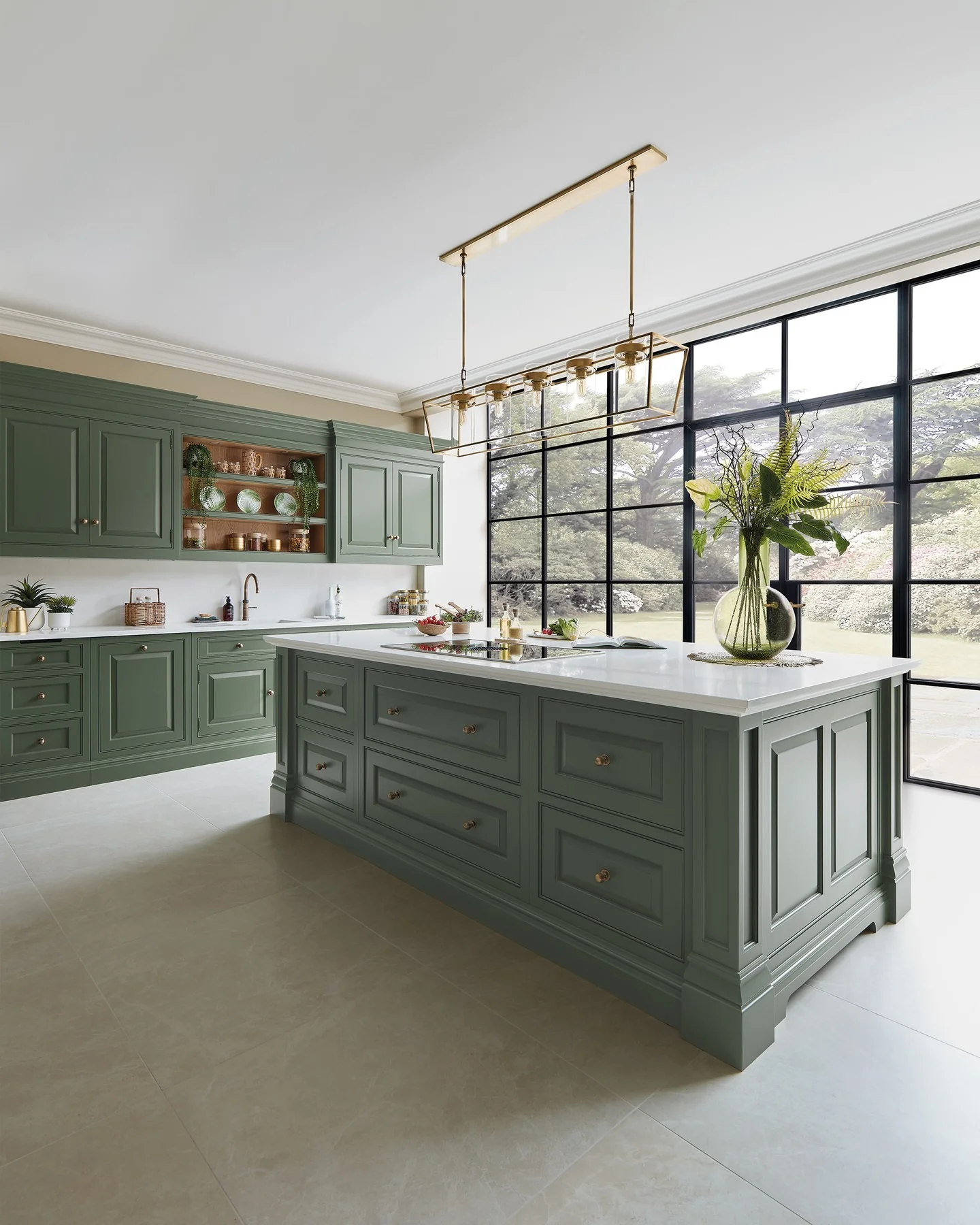 15. Heritage Green with Gilded Geometry (Victorian Style Kitchen Ideas)