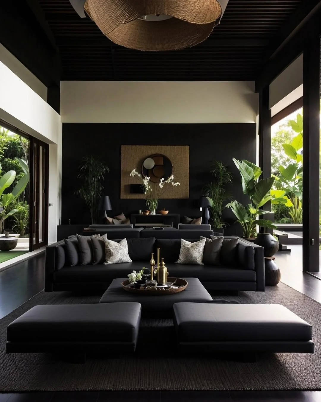 2. Bold Tropics in Deep Noir (Black and Gold Living Room Ideas)