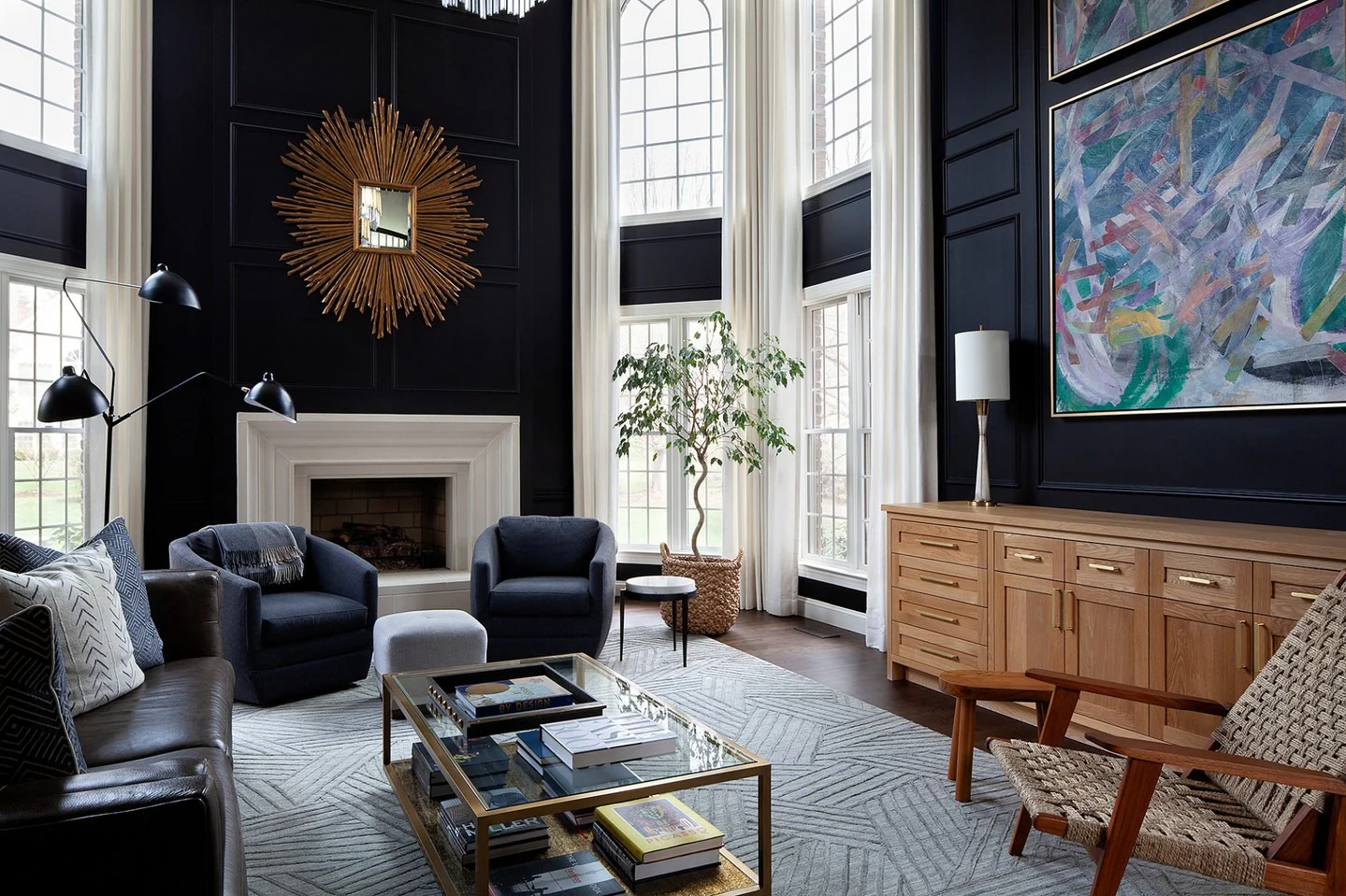 5. Mid-Century Meets Moody Drama (Black and Gold Living Room Ideas)