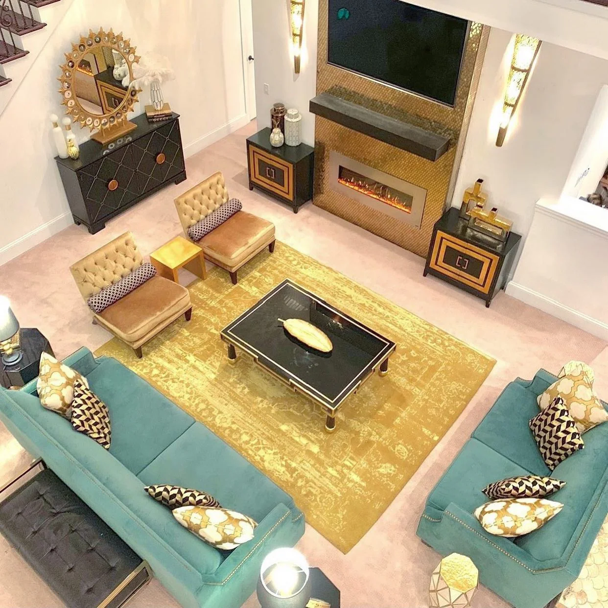 9. Eclectic Richness with Retro Touches (Black and Gold Living Room Ideas)