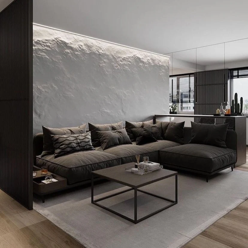 4. Contemporary Texture with Linear Drama (Black Living Room Ideas)
