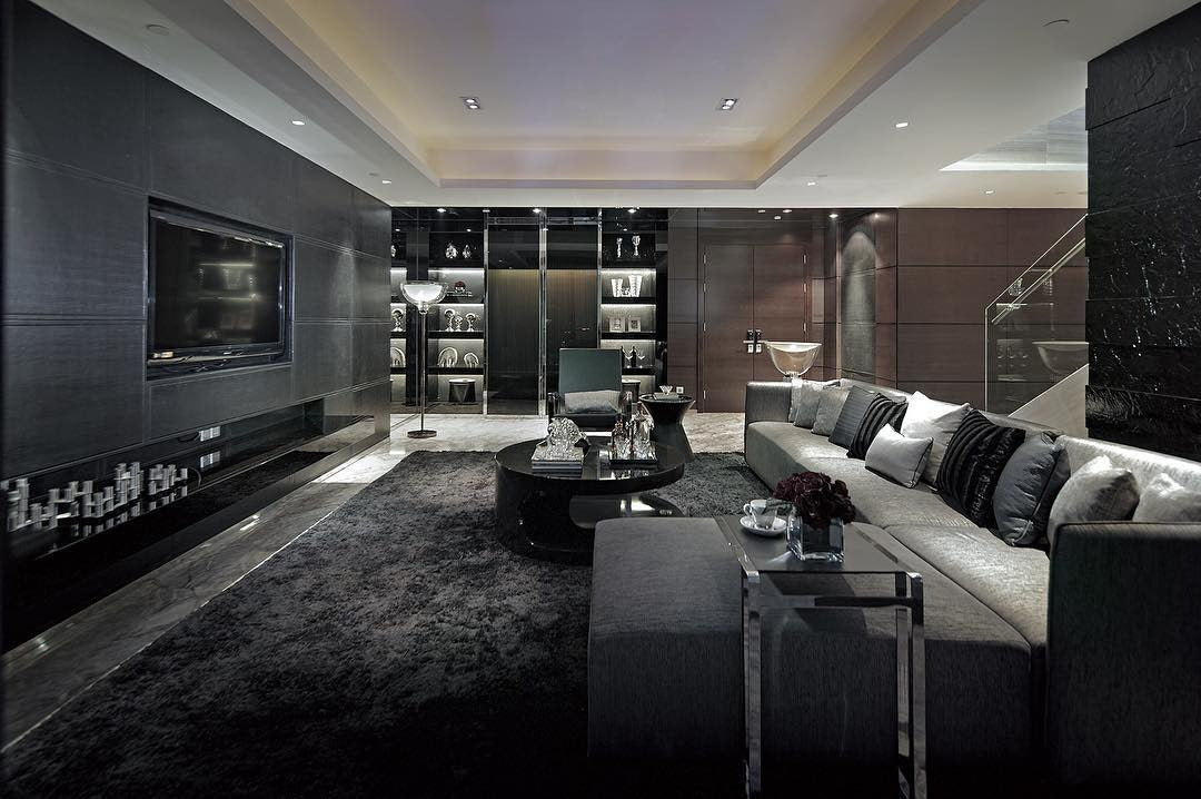 3. Luxury Lounge in Deep Charcoal and Glass (Black Living Room Ideas)