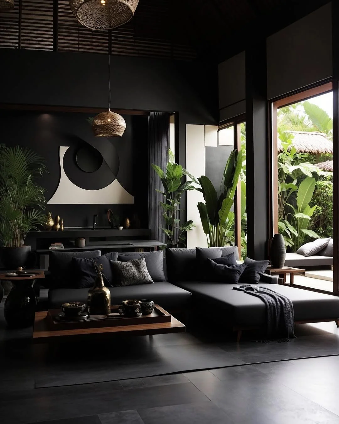 13. Tropical Black Retreat with Organic Shapes (Black Living Room Ideas)