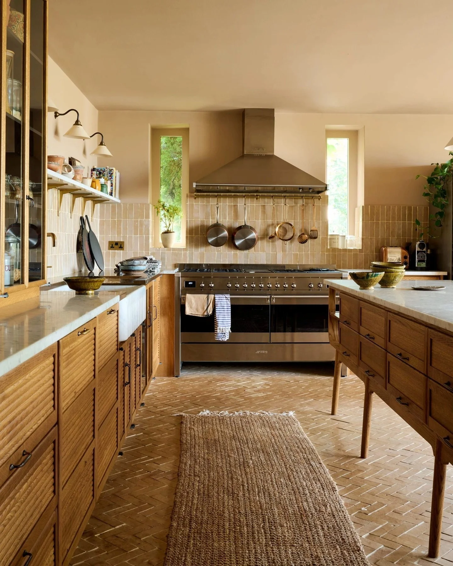 13. Honey Oak and Earth Tones in a Sunlit Layout (Rustic Kitchen Island Ideas)