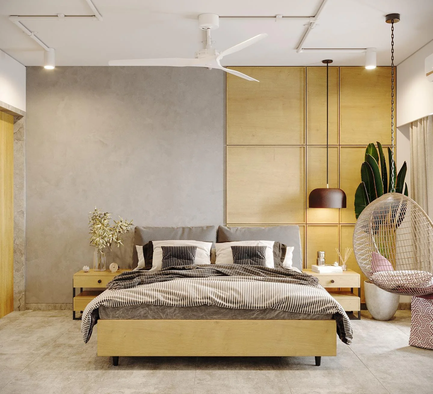 3. Industrial Warmth with Soft Contrast (Yellow and Gray Bedroom Ideas)