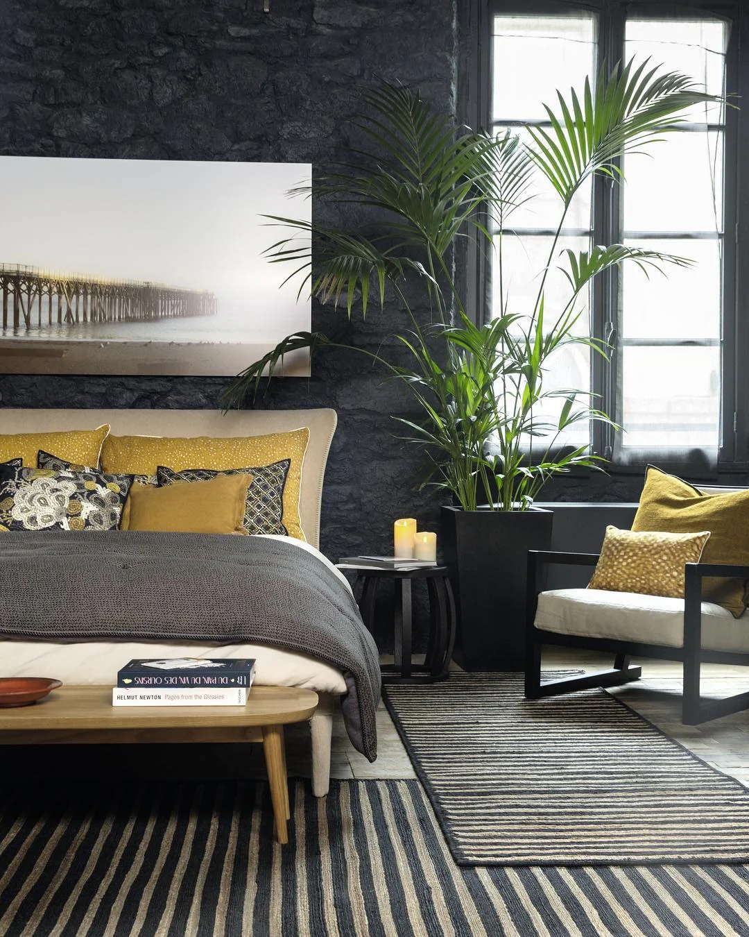 6. Coastal Comfort with Rich Tones (Yellow and Gray Bedroom Ideas)