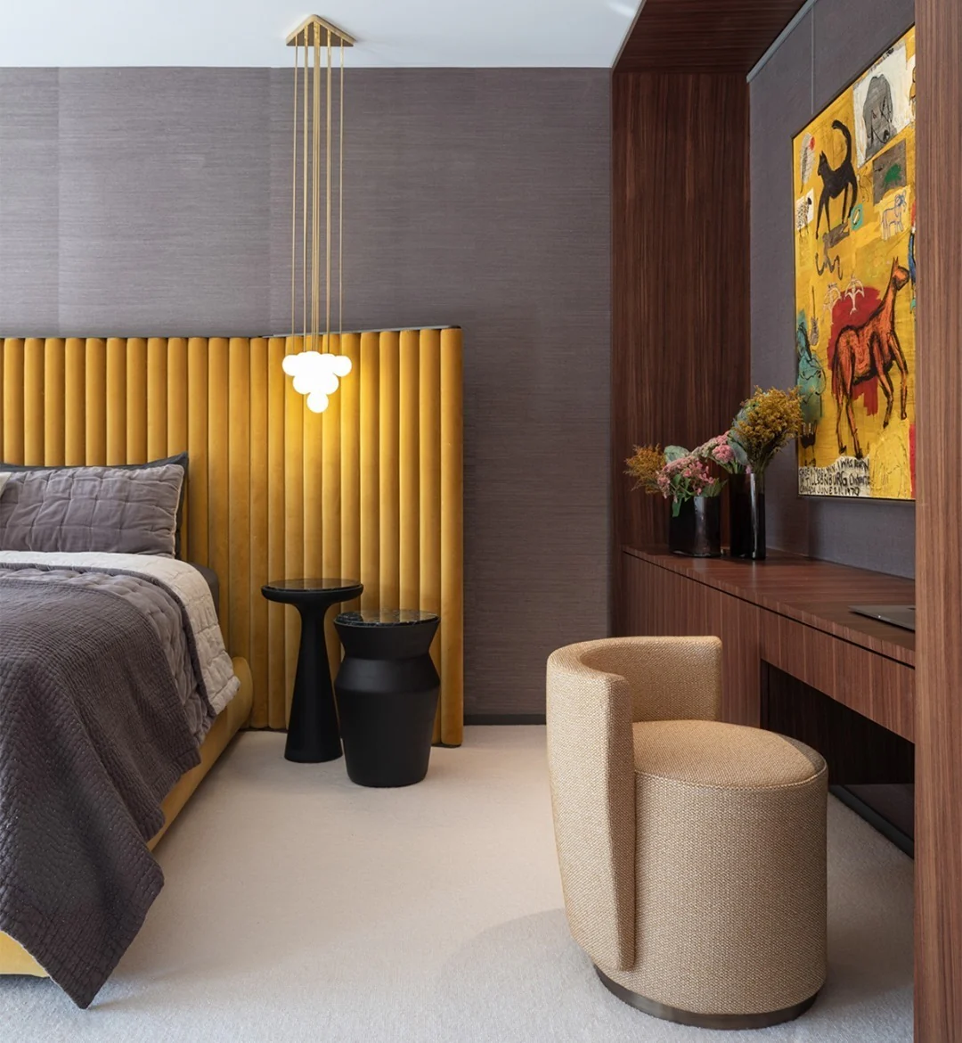 7. Contemporary Luxury with Sculptural Detail (Yellow and Gray Bedroom Ideas)