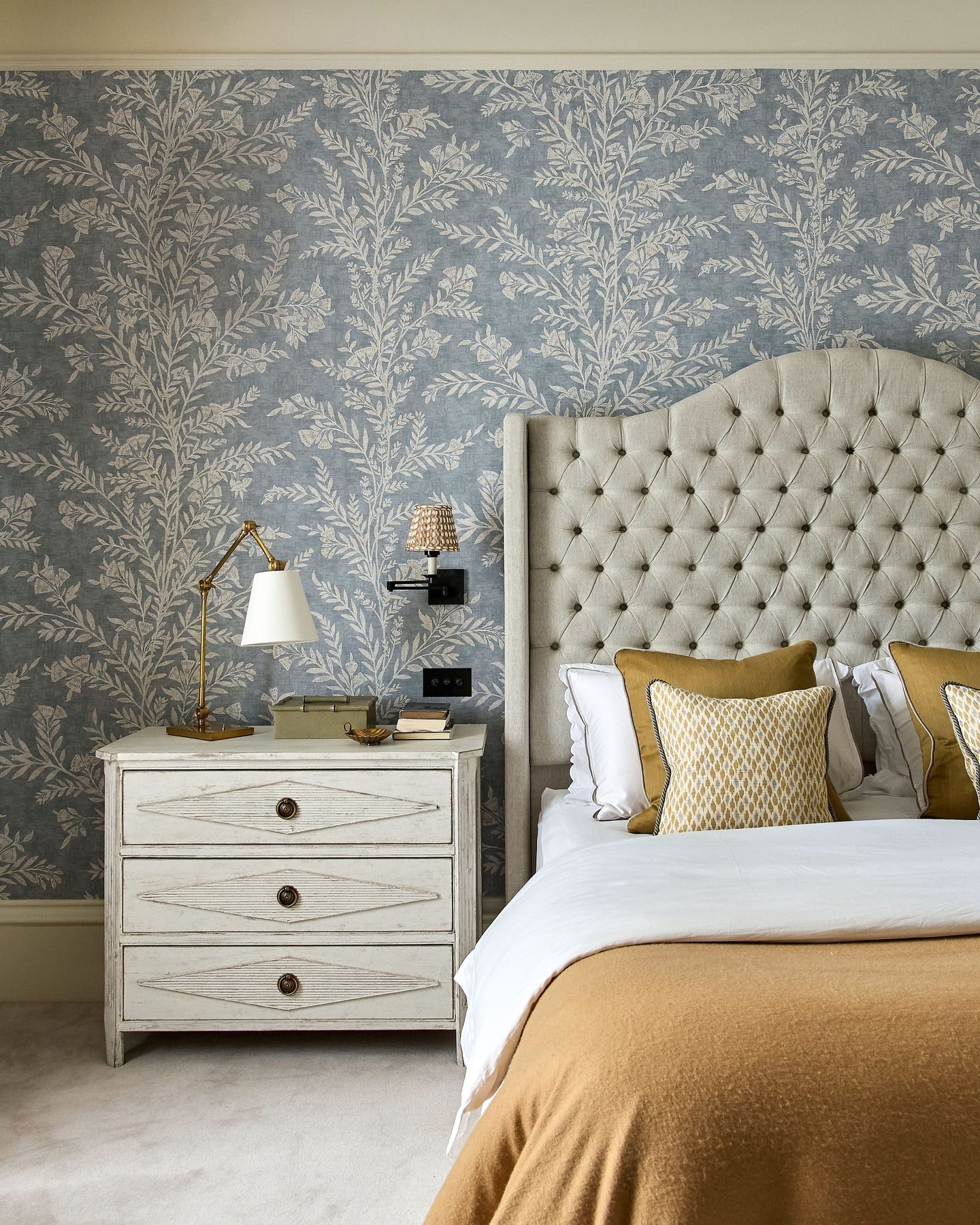 14. Refined Pattern Meets Mustard Layering (Yellow and Gray Bedroom Ideas)