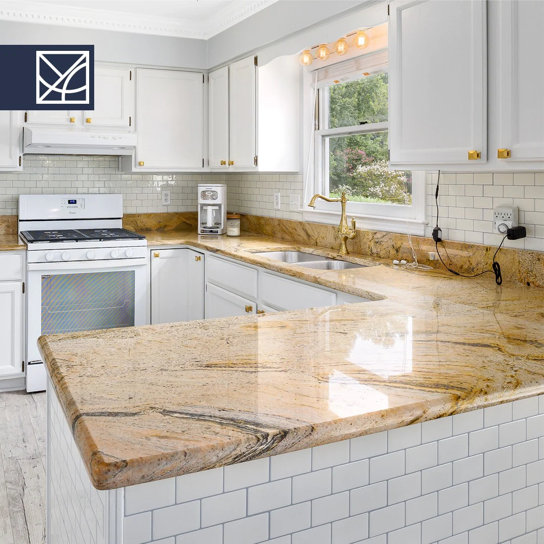 2. Warm Honey Granite with White Cabinetry (Granite Countertops Kitchen Ideas)