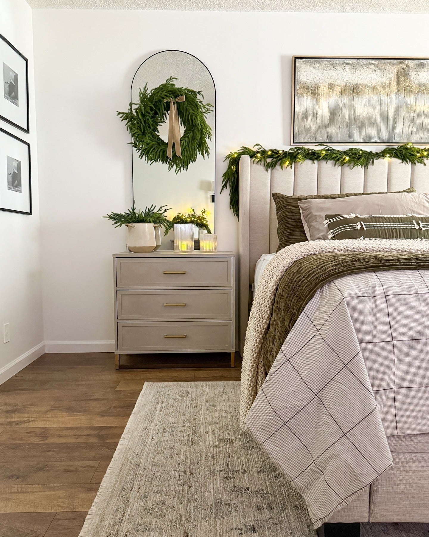 4. Olive Green and Neutral Harmony (Christmas Bedroom Ideas)