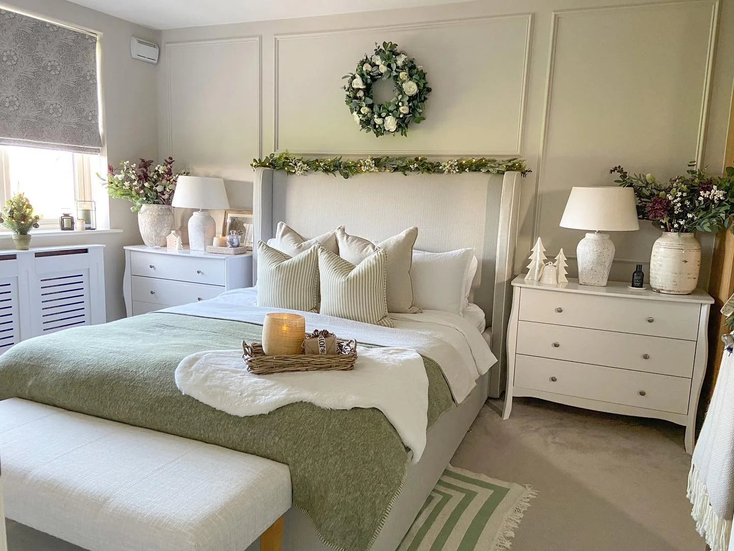 6. Sage and Cream Winter Elegance (Christmas Bedroom Ideas)