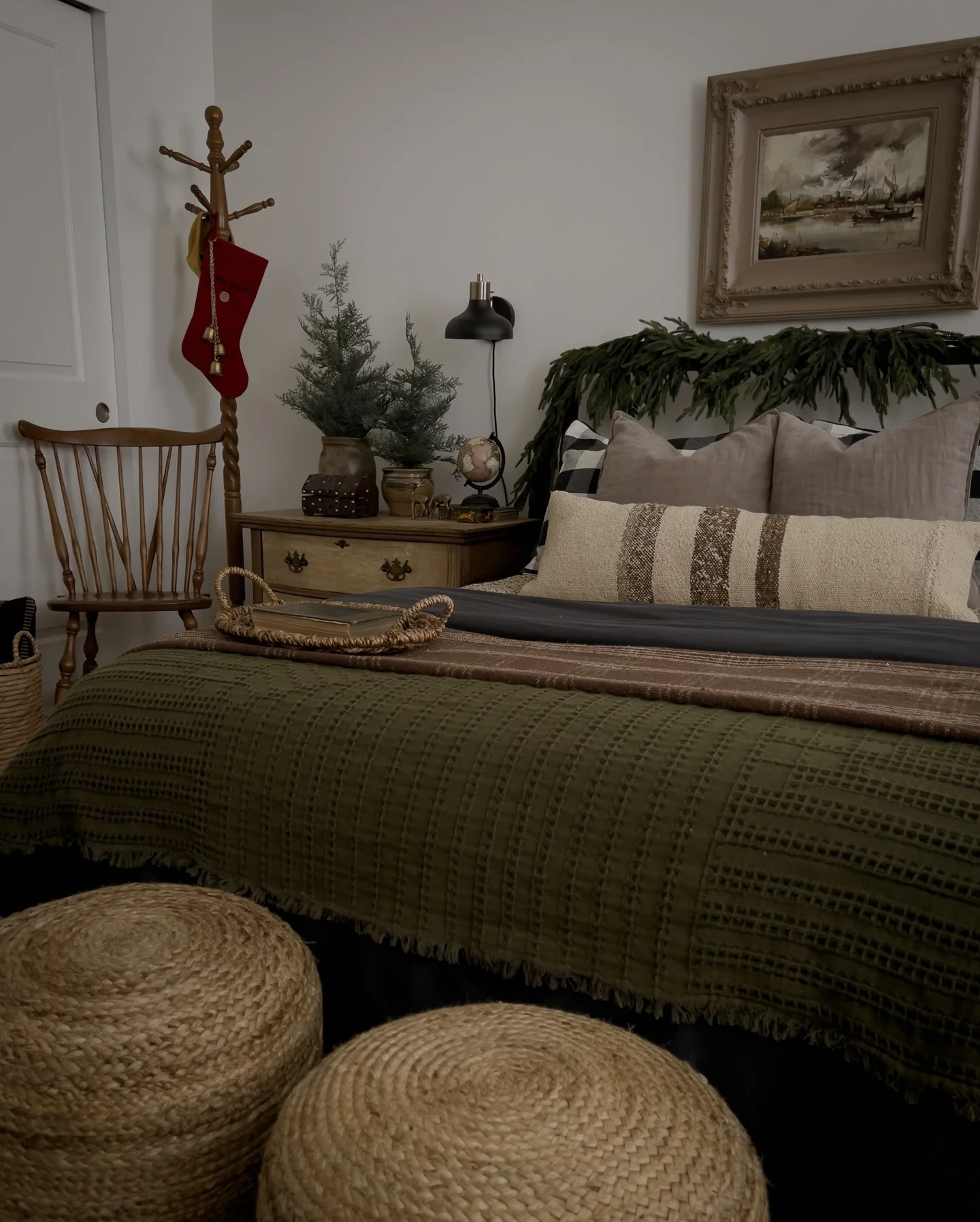 8. Muted Rustic Greens with Vintage Flair (Christmas Bedroom Ideas)