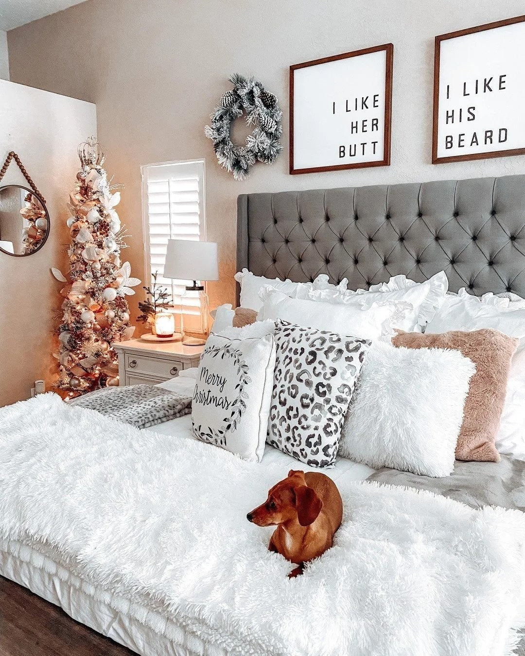 9. Whimsical Blush and Frosted Neutrals (Christmas Bedroom Ideas)