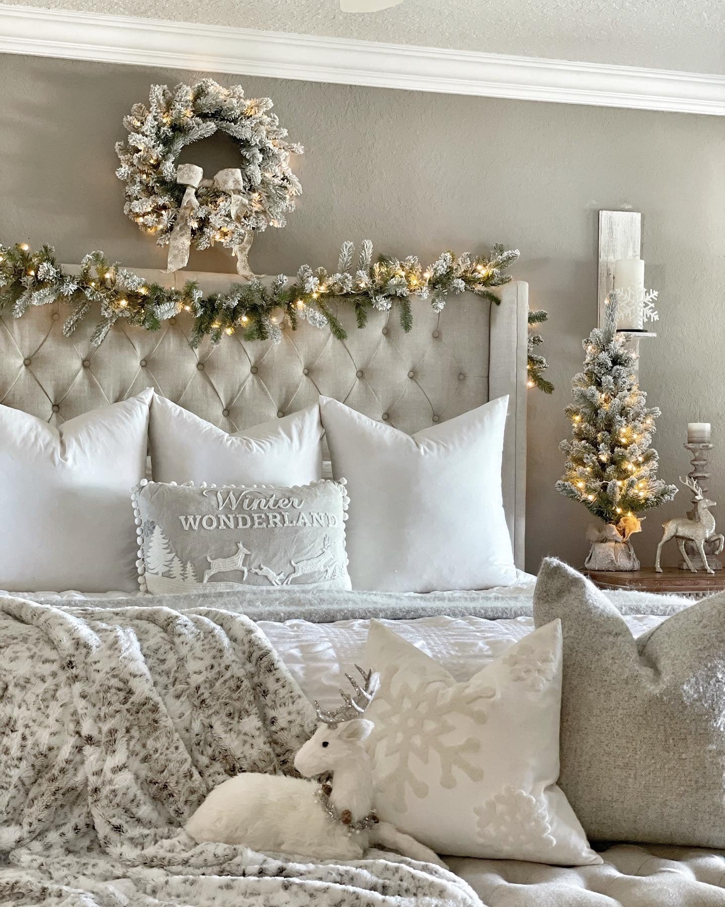 13. Frosted Neutrals with Cozy Texture (Christmas Bedroom Ideas)