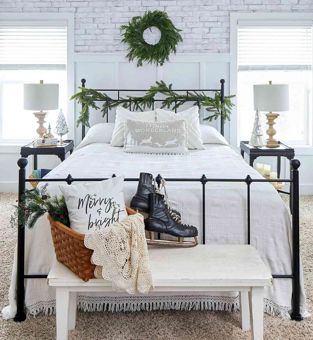 12. Cottage Farmhouse Charm with Pine Green Accents (Christmas Bedroom Ideas)
