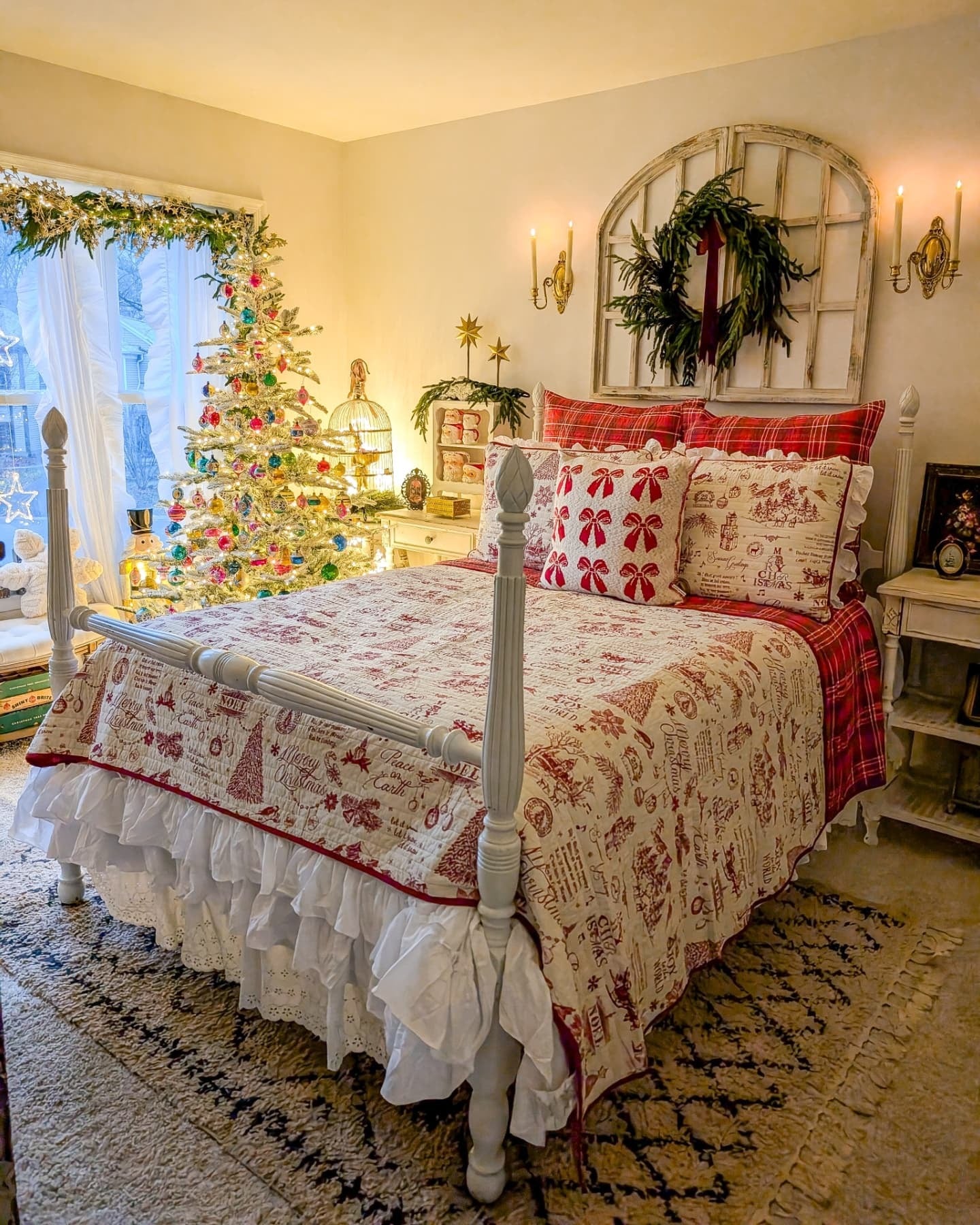 24. Vintage Red Toile with Holiday Whimsy (Christmas Bedroom Ideas)
