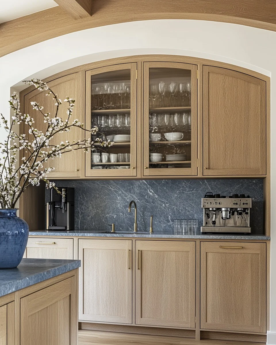 20. Arched Oak Cabinetry with Blue Stone Accents (Oak Cabinets Kitchen Ideas)
