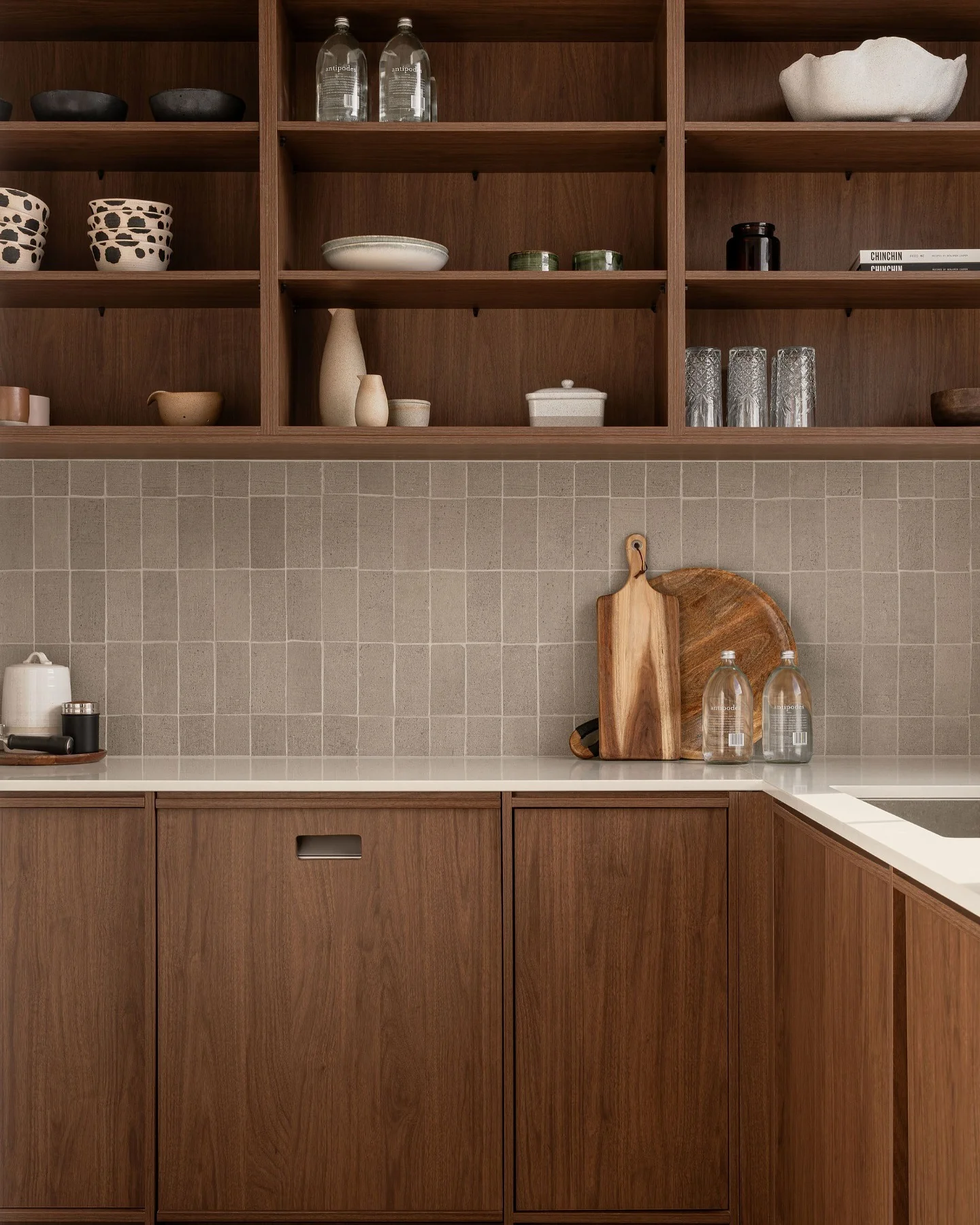 21. Mid-Tone Oak with Soft Grid Tile Backsplash (Oak Cabinets Kitchen Ideas)