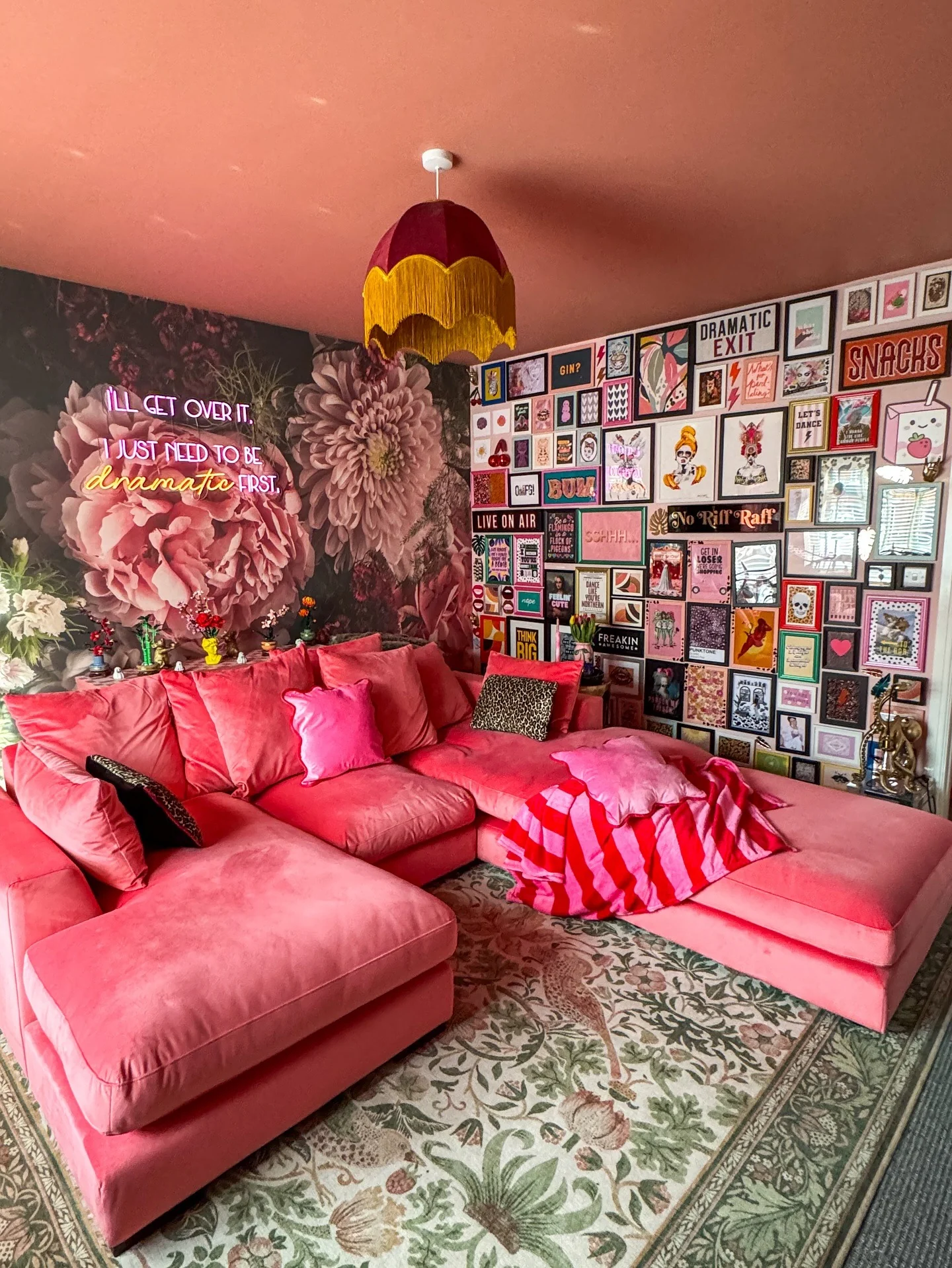 7. Maximalist Drama in Pink and Prints (vintage living room ideas)