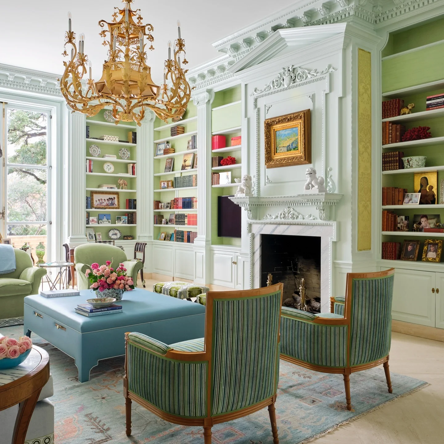 13. Neoclassical Pastels with Bookish Symmetry (vintage living room ideas)