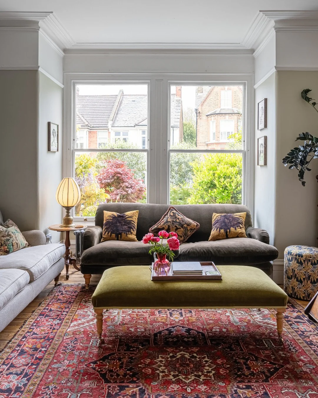 16. Jewel Rug Focus with Olive and Rust (vintage living room ideas)