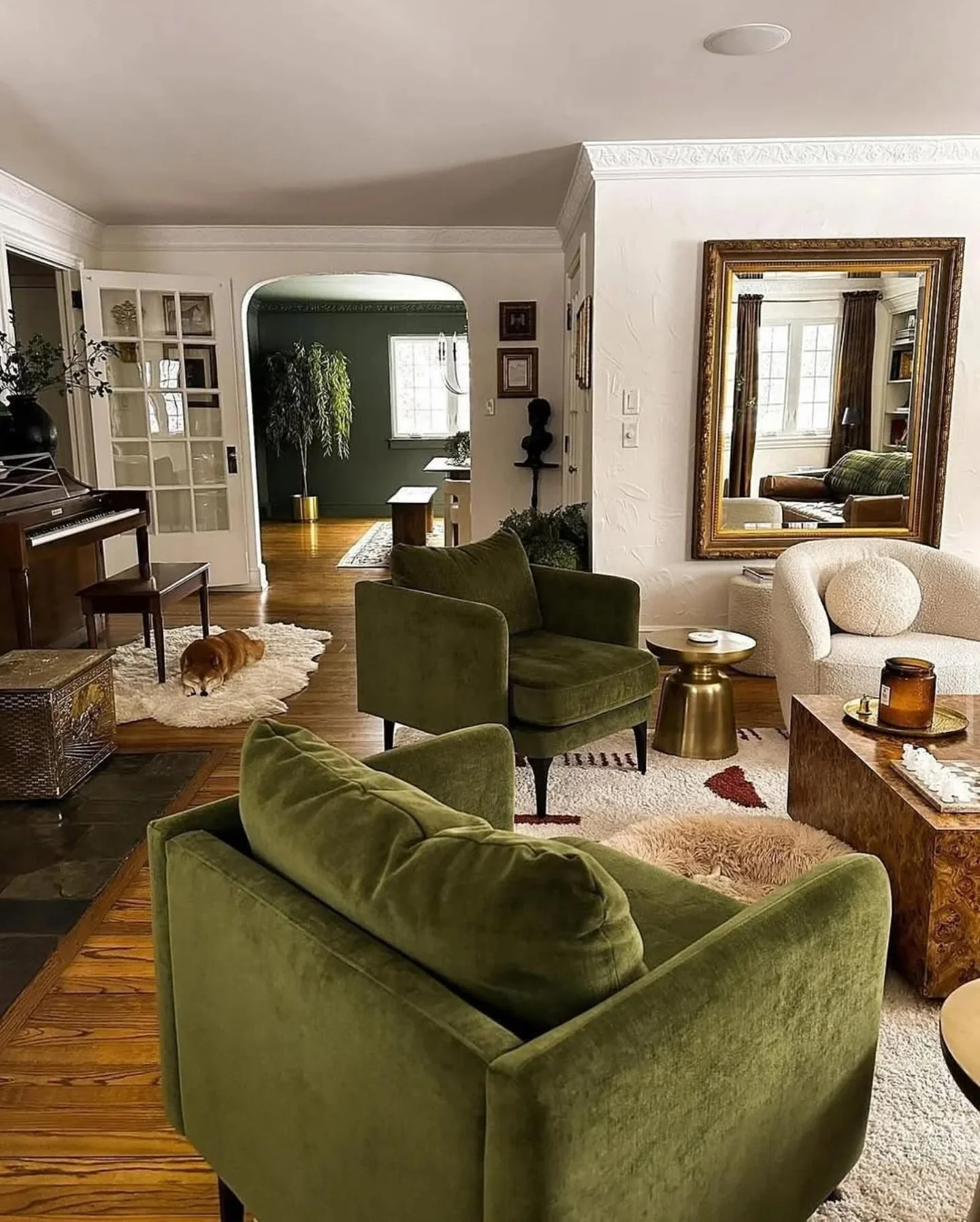 24. Olive Velvet and Midcentury Warmth (vintage living room ideas)