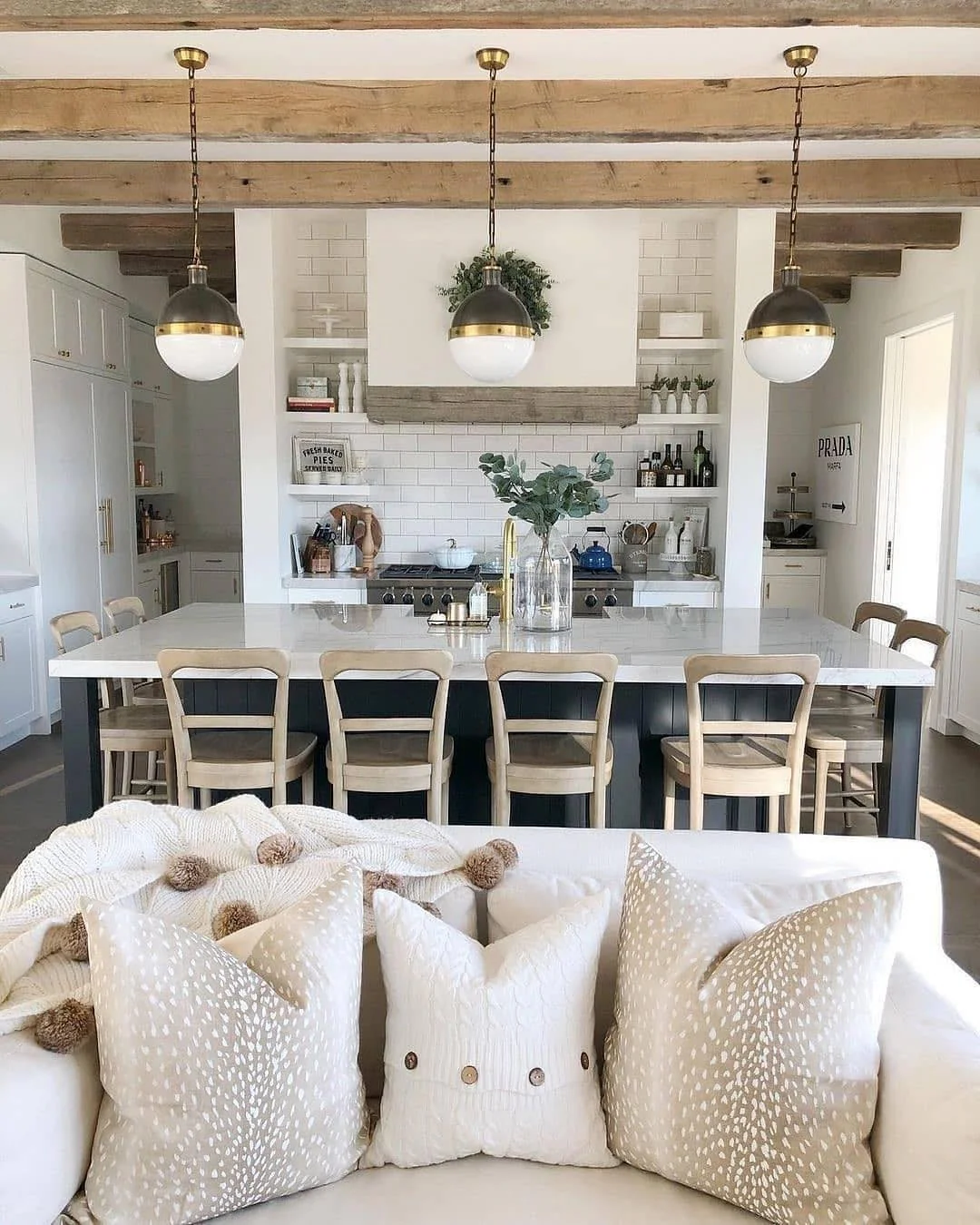 4. Neutral Elegance with Rustic Texture (Farmhouse Kitchen Ideas)