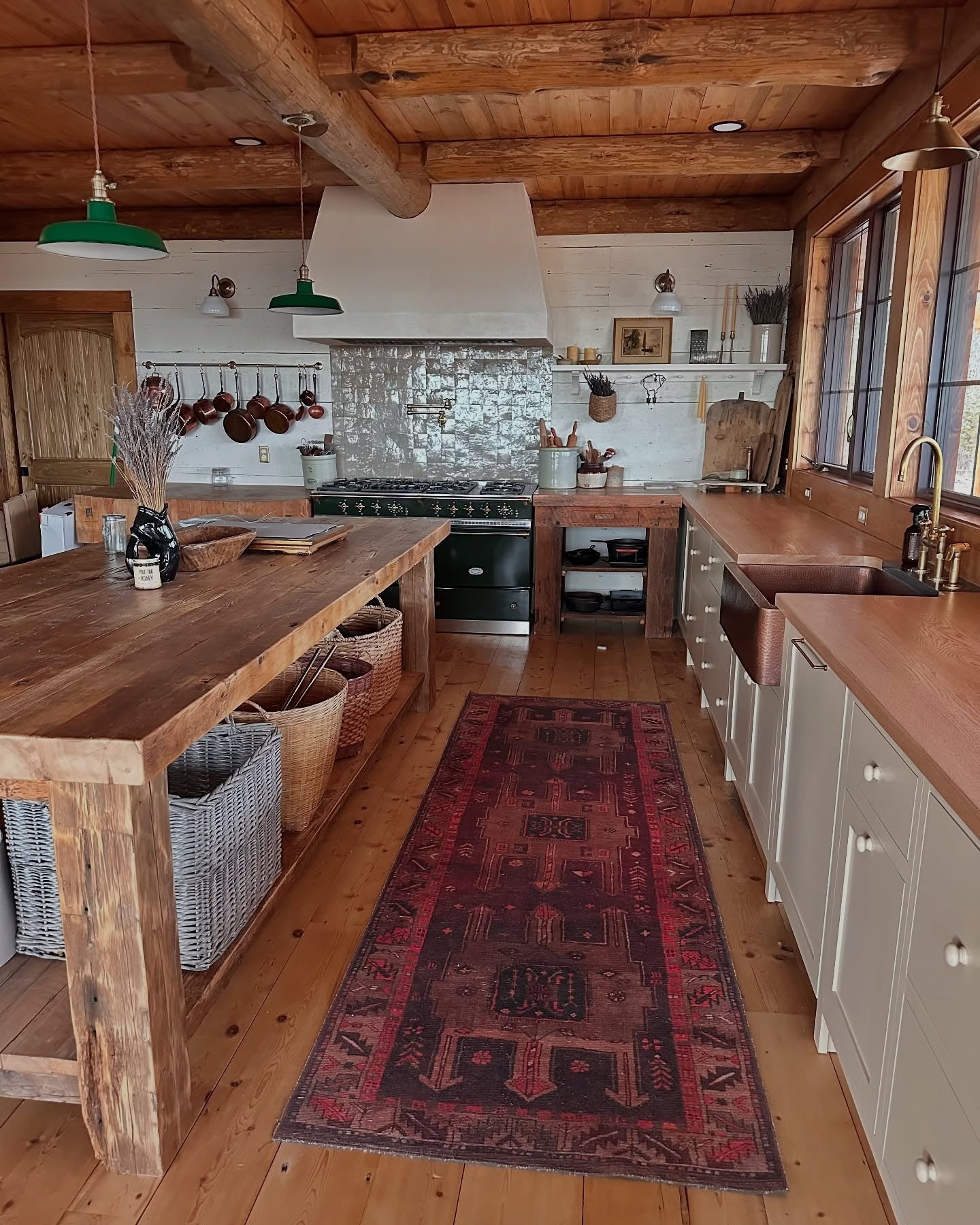 14. Rustic Layers with Warm Copper and Woven Storage (Farmhouse Kitchen Ideas)