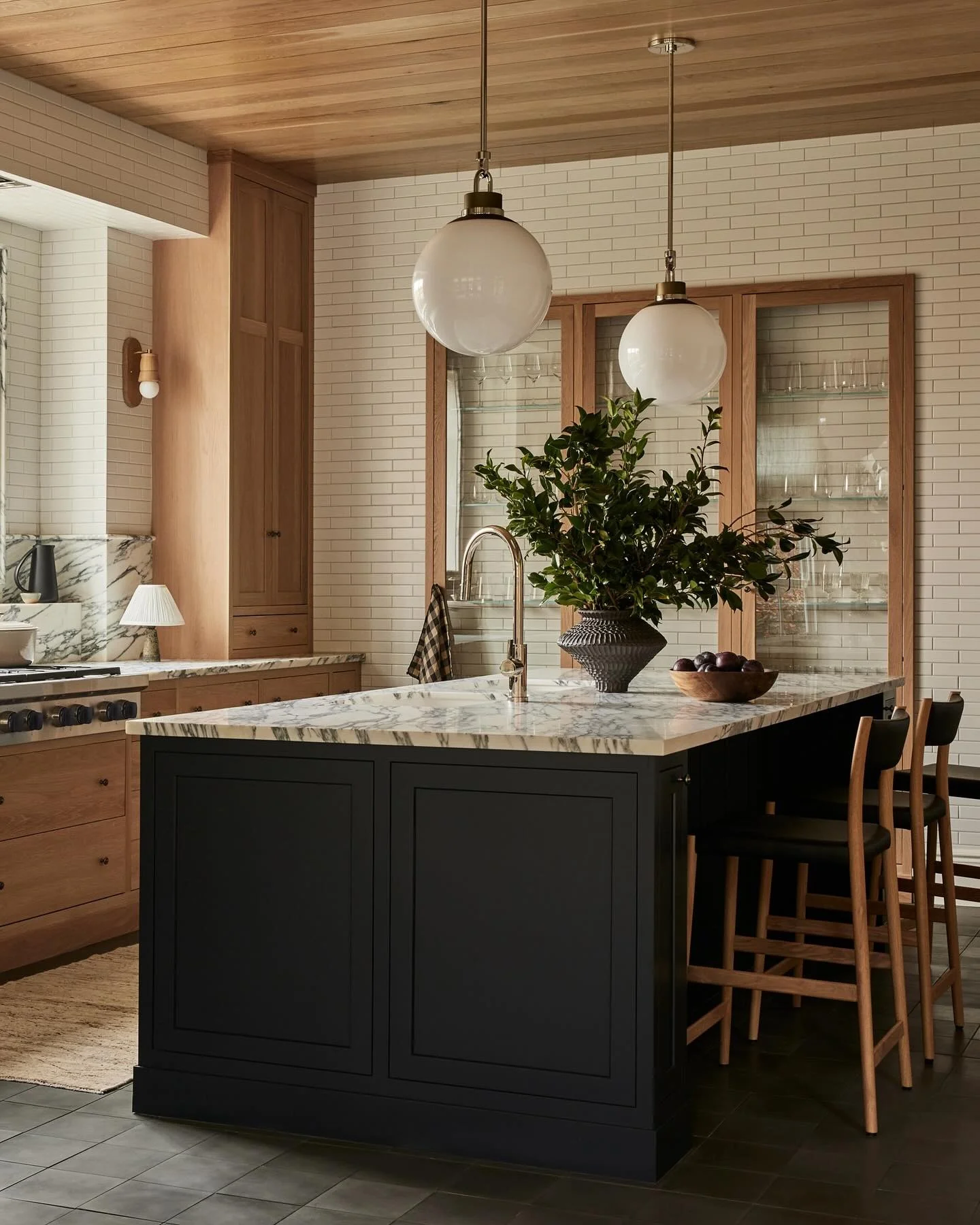 17. Deep Charcoal Island with Natural Wood Balance (Farmhouse Kitchen Ideas)