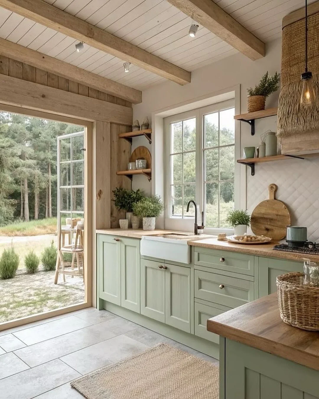 21. Sage Green Cabinets with Natural Texture (Farmhouse Kitchen Ideas)