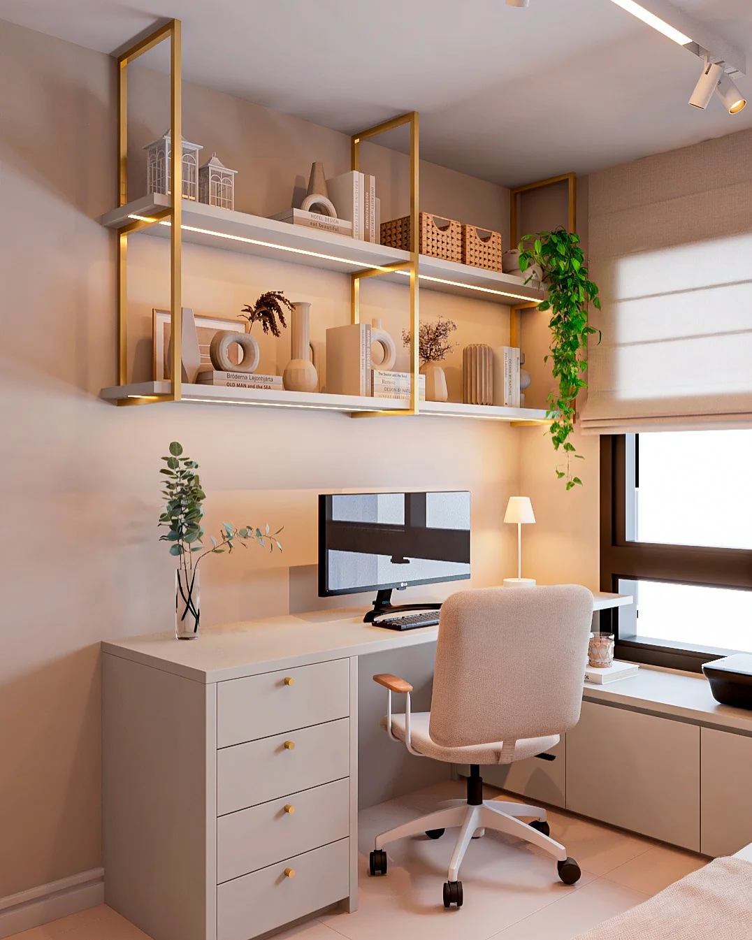 4. Contemporary Chic with Gold and Cream (Simple Home Office Ideas)