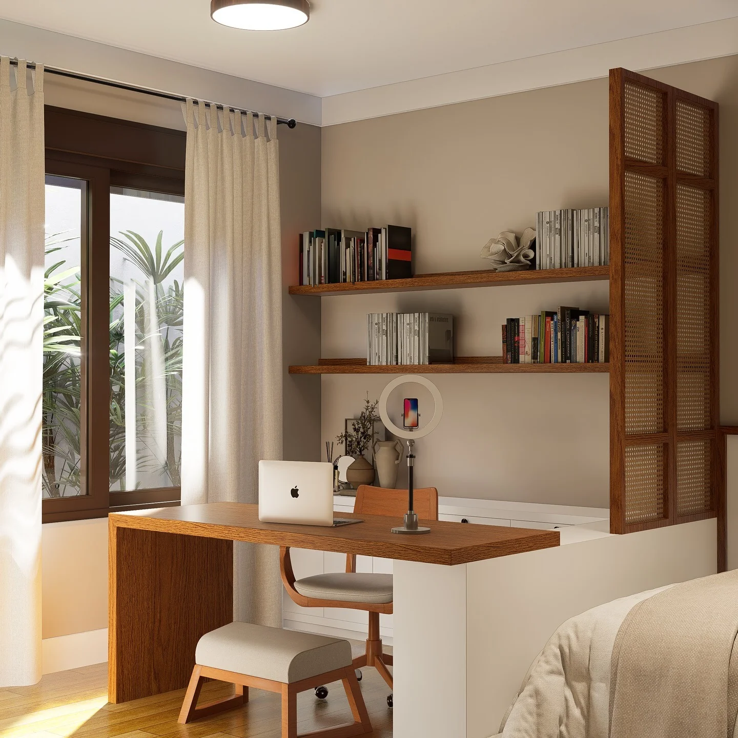 3. Warm Minimalism with Rich Wood Accents (Simple Home Office Ideas)