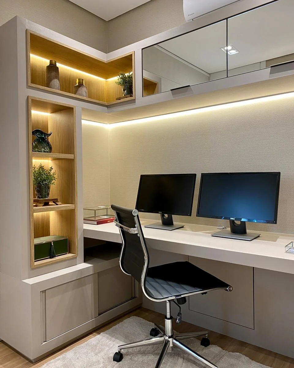 12. Contemporary Efficiency with Soft Beige and Backlit Accents (Simple Home Office Ideas)