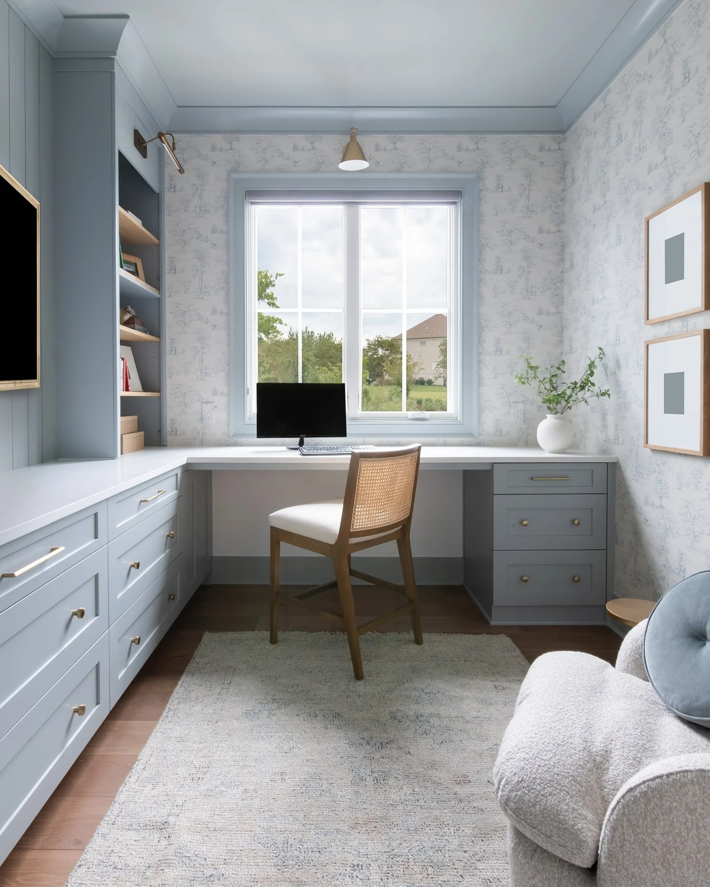 20. Powder Blue Classic with Built-In Charm (Simple Home Office Ideas)