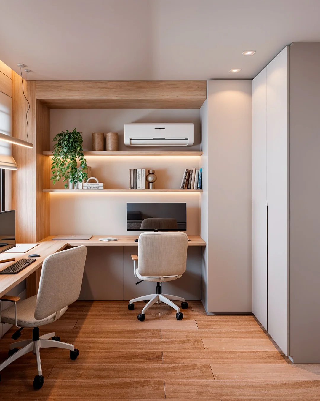 23. Dual Workspace with Light Oak and Matte Grey (Simple Home Office Ideas)