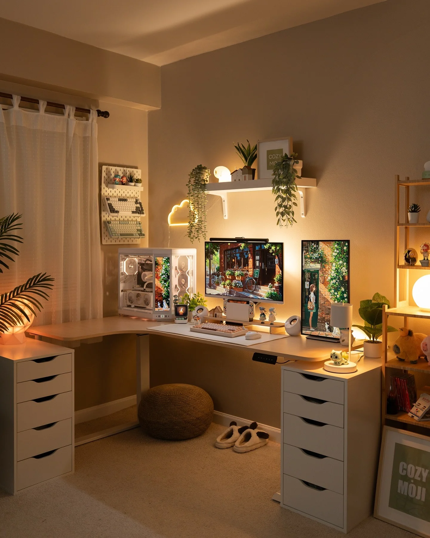 24. Warm Ambient Setup with Soft Lighting and Playful Decor (Simple Home Office Ideas)