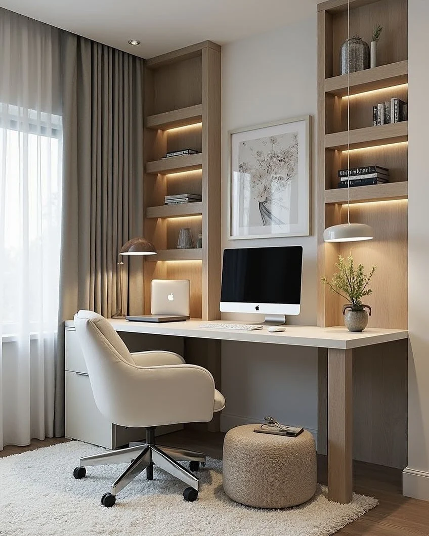 25. Elegant Contrast with Taupe and White (Simple Home Office Ideas)