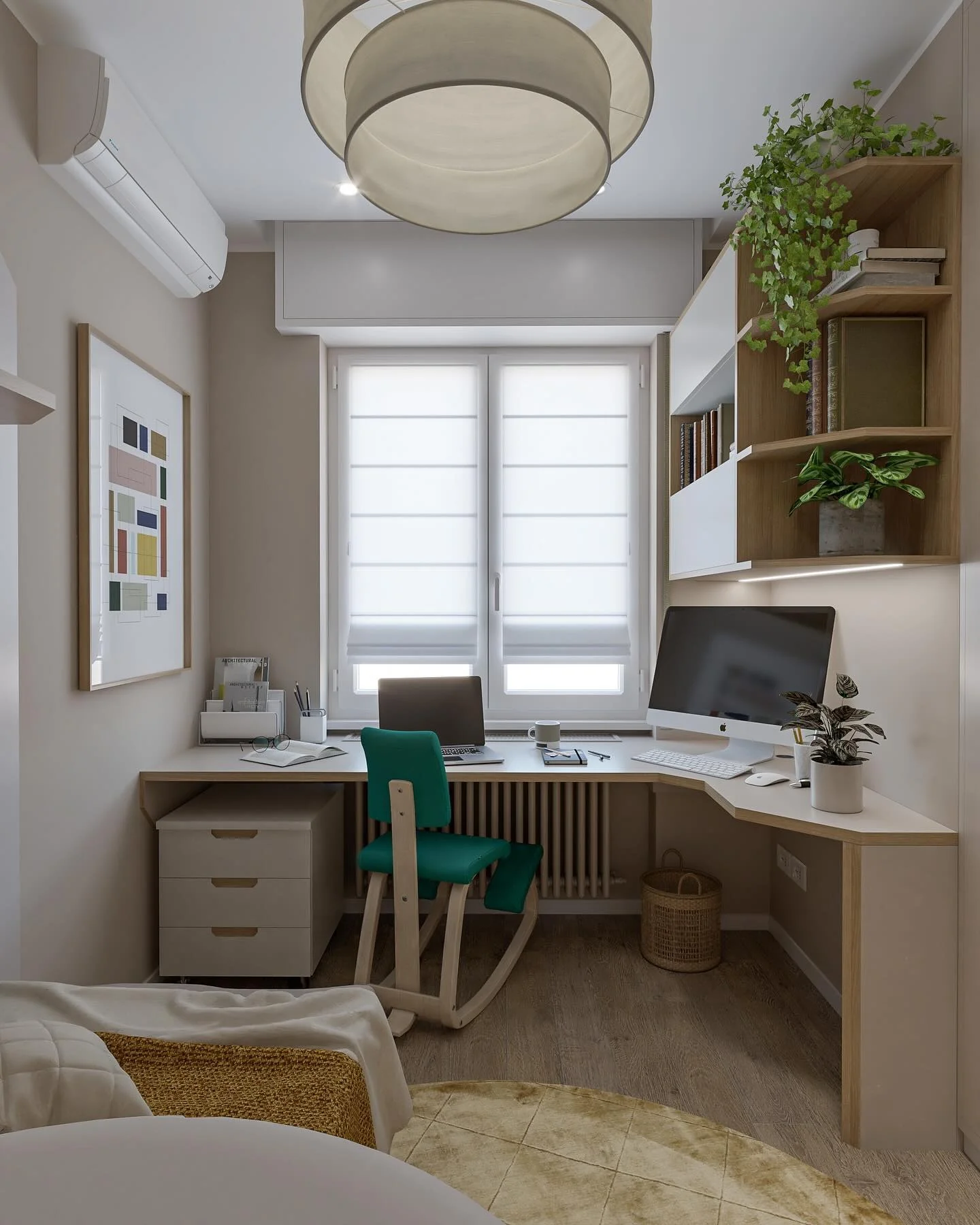 16. Compact Comfort with Soft Neutrals and a Pop of Teal (Simple Home Office Ideas)