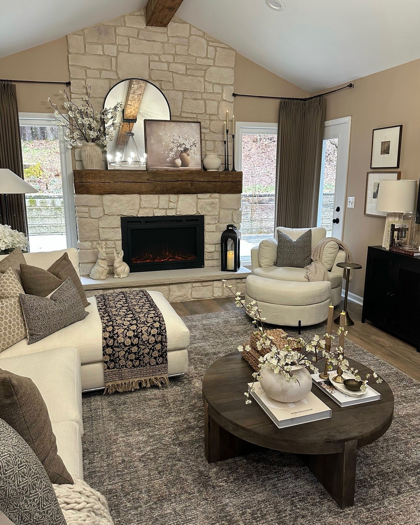 17. Rustic Stone and Earth-Toned Comfort (Warm and Cozy Living Room Ideas)