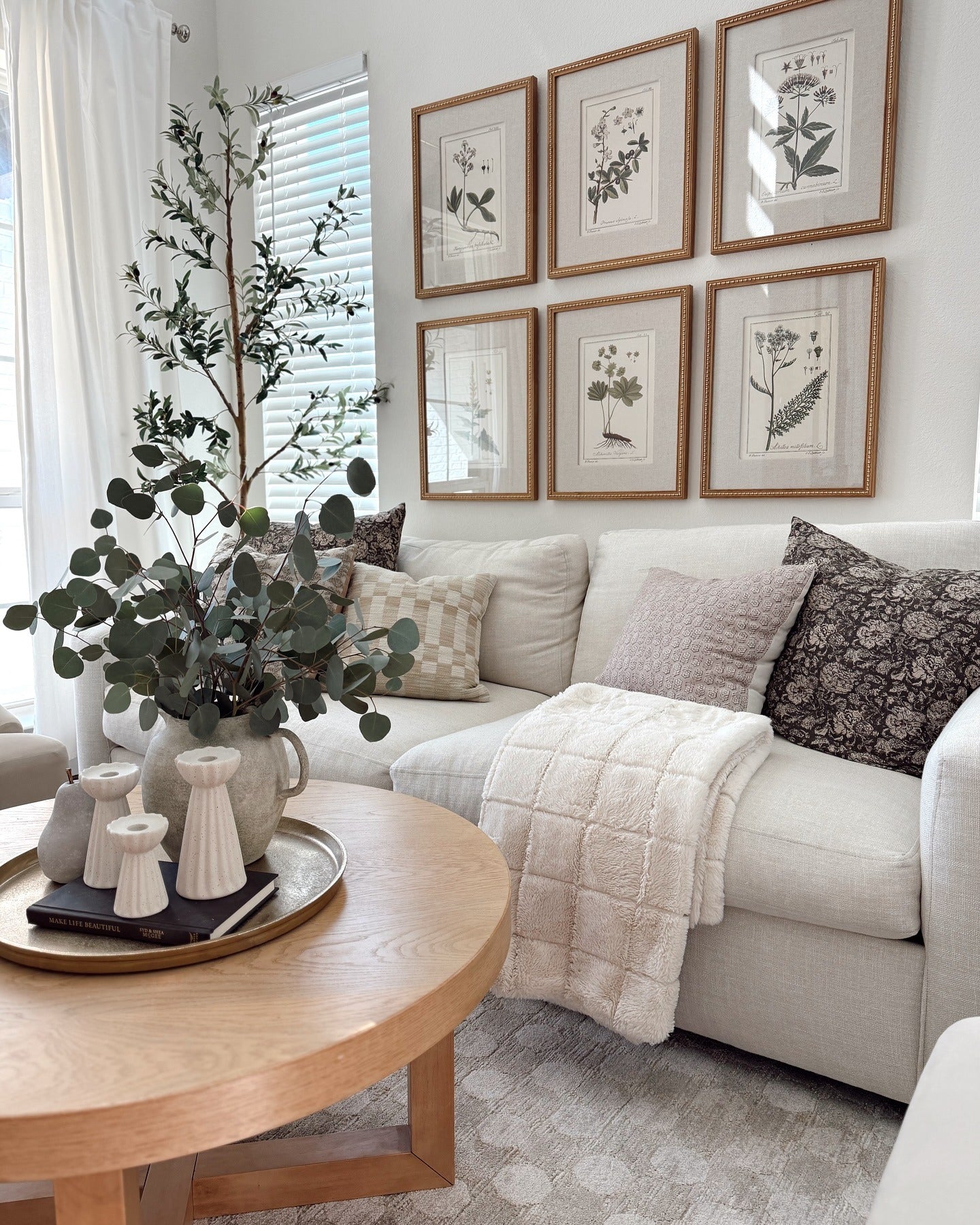 23. Botanical Prints and Soft Creams (Warm and Cozy Living Room Ideas)