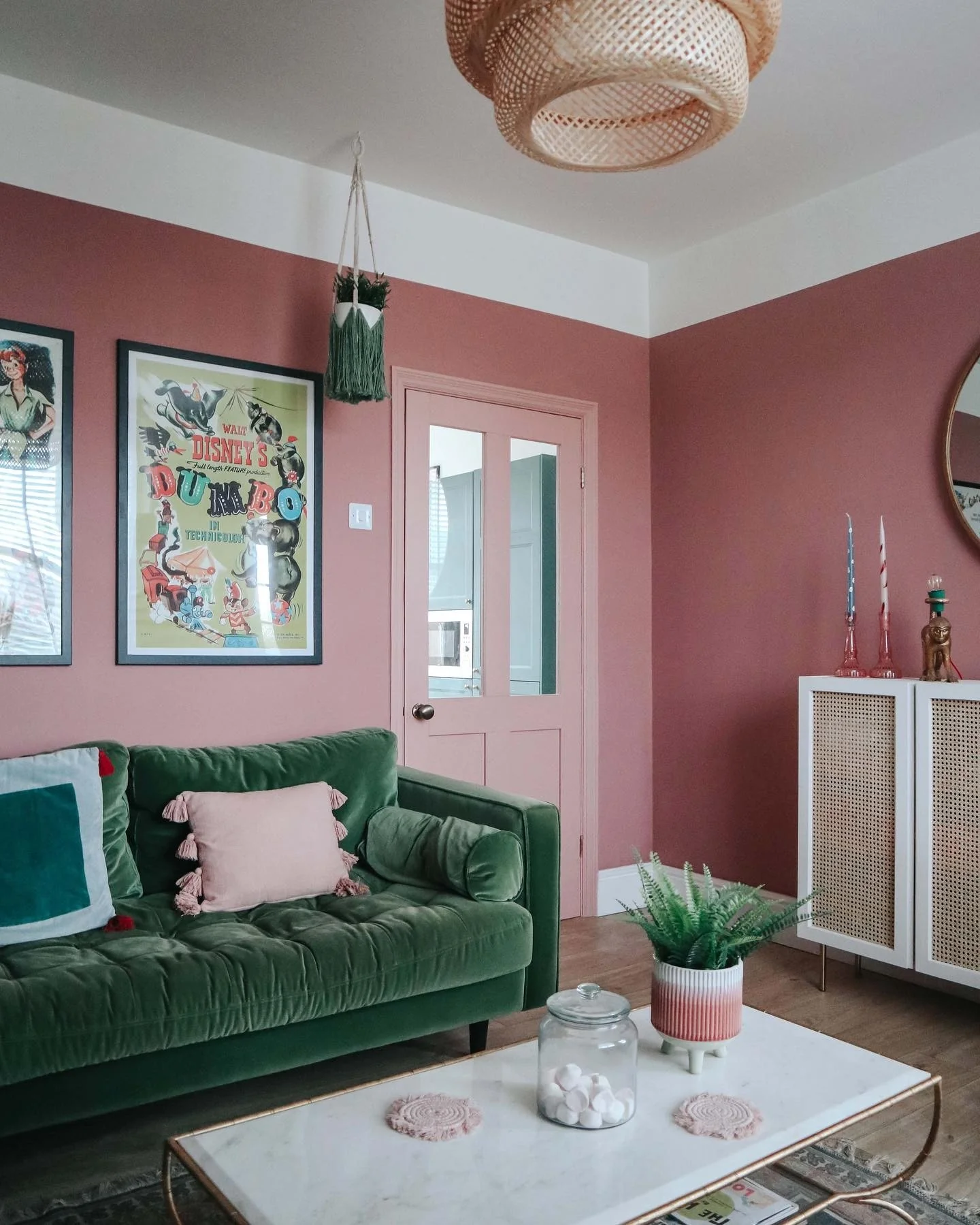 14. Moody Mauve Meets Forest Green (Pink Living Room Ideas)