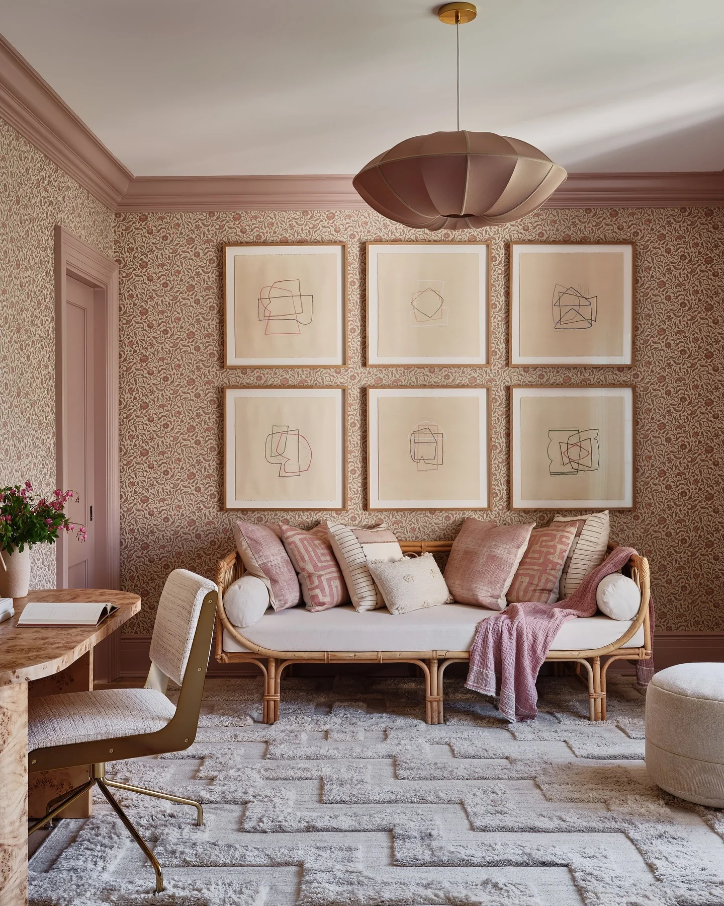 16. Dusty Rose and Rattan Lounge Office (Pink Office Ideas)