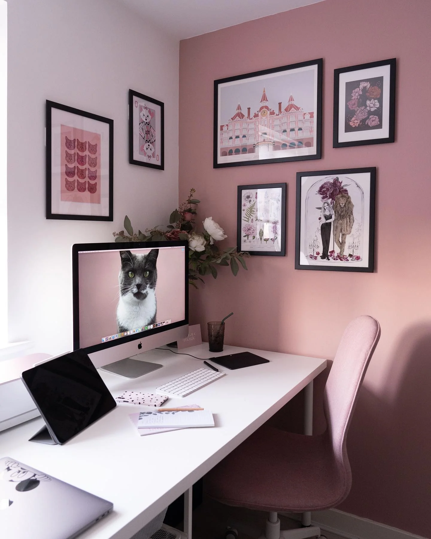 6. Blush Pink Accent Wall and Modern Gallery Setup (Pink Office Ideas)