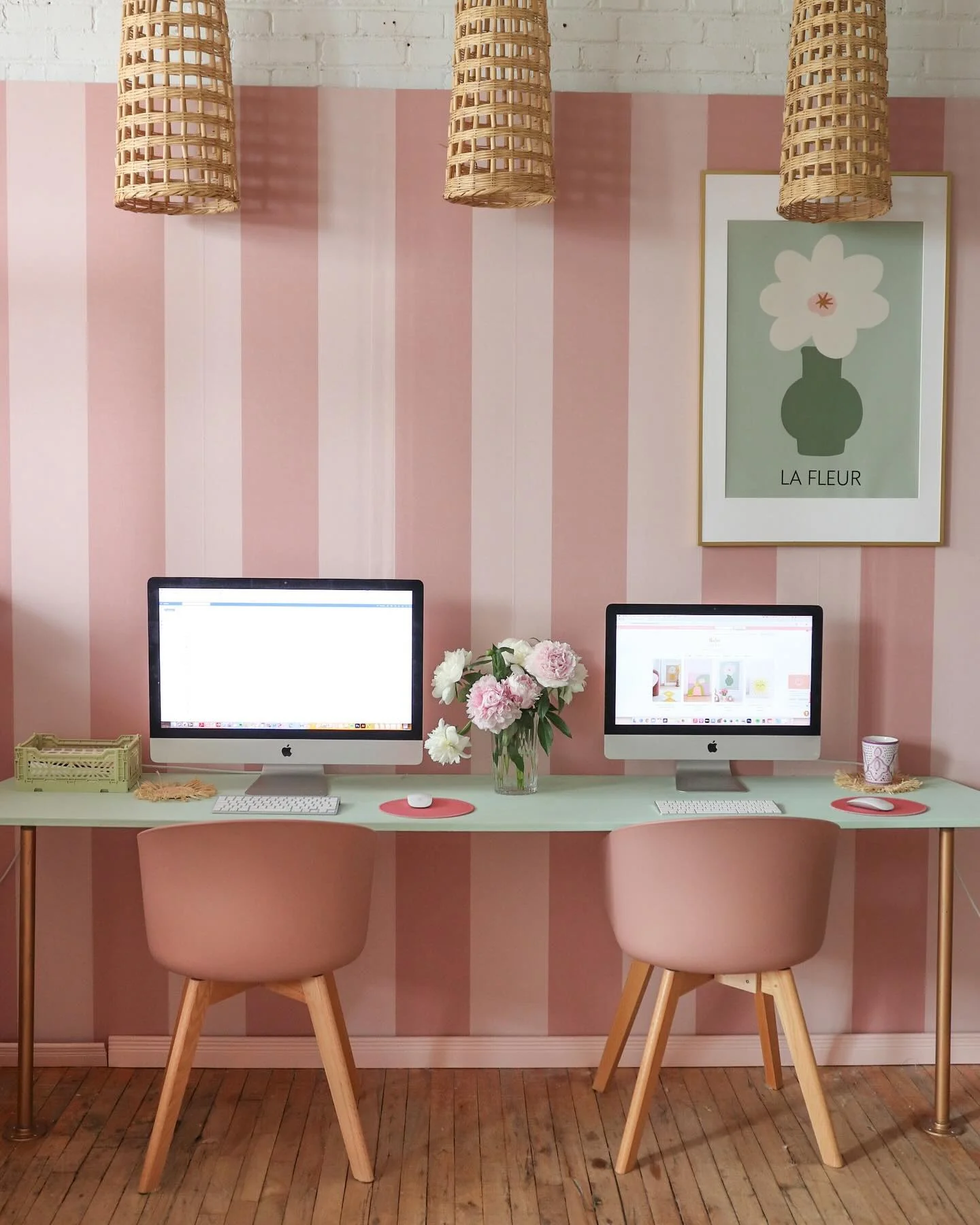 15. Two-Person Workspace with Striped Wall (Pink Office Ideas)