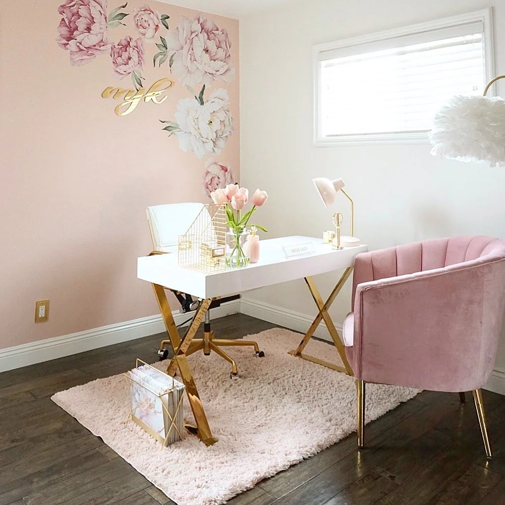 7. Feminine Florals with Gold Detailing (Pink Office Ideas)