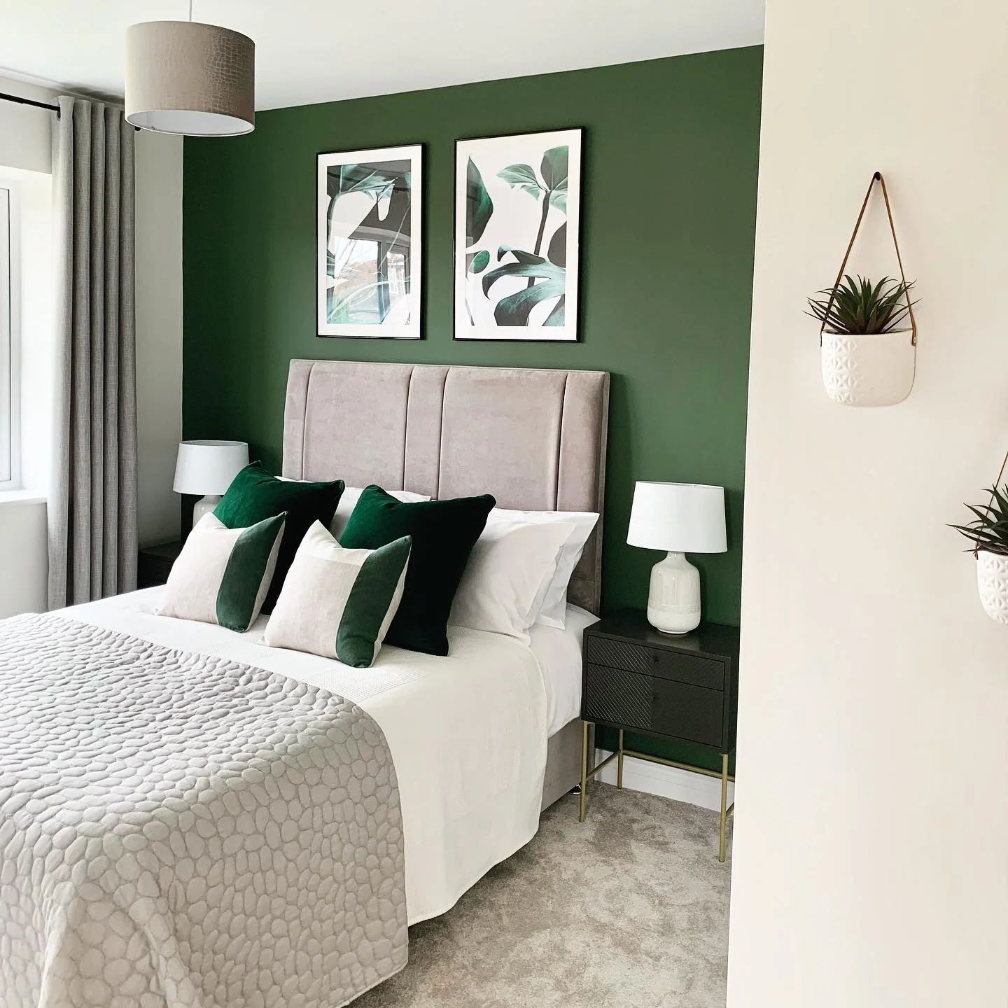 3. Elegant Contrast with Soft Grey and Green (Dark Green Bedroom Ideas)