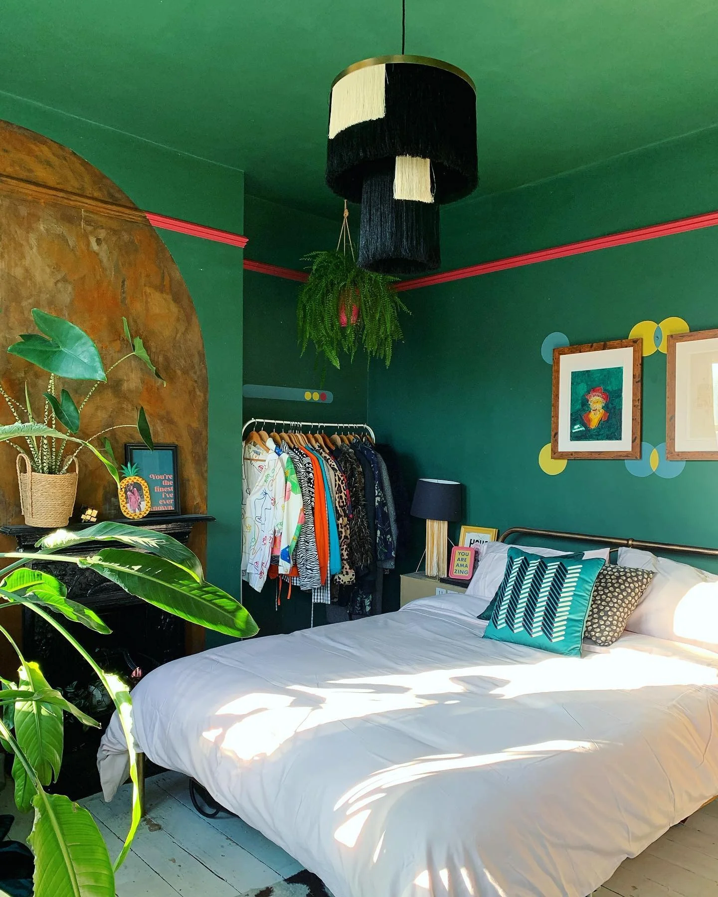 11. Eclectic Green with Artistic Flair (Dark Green Bedroom Ideas)