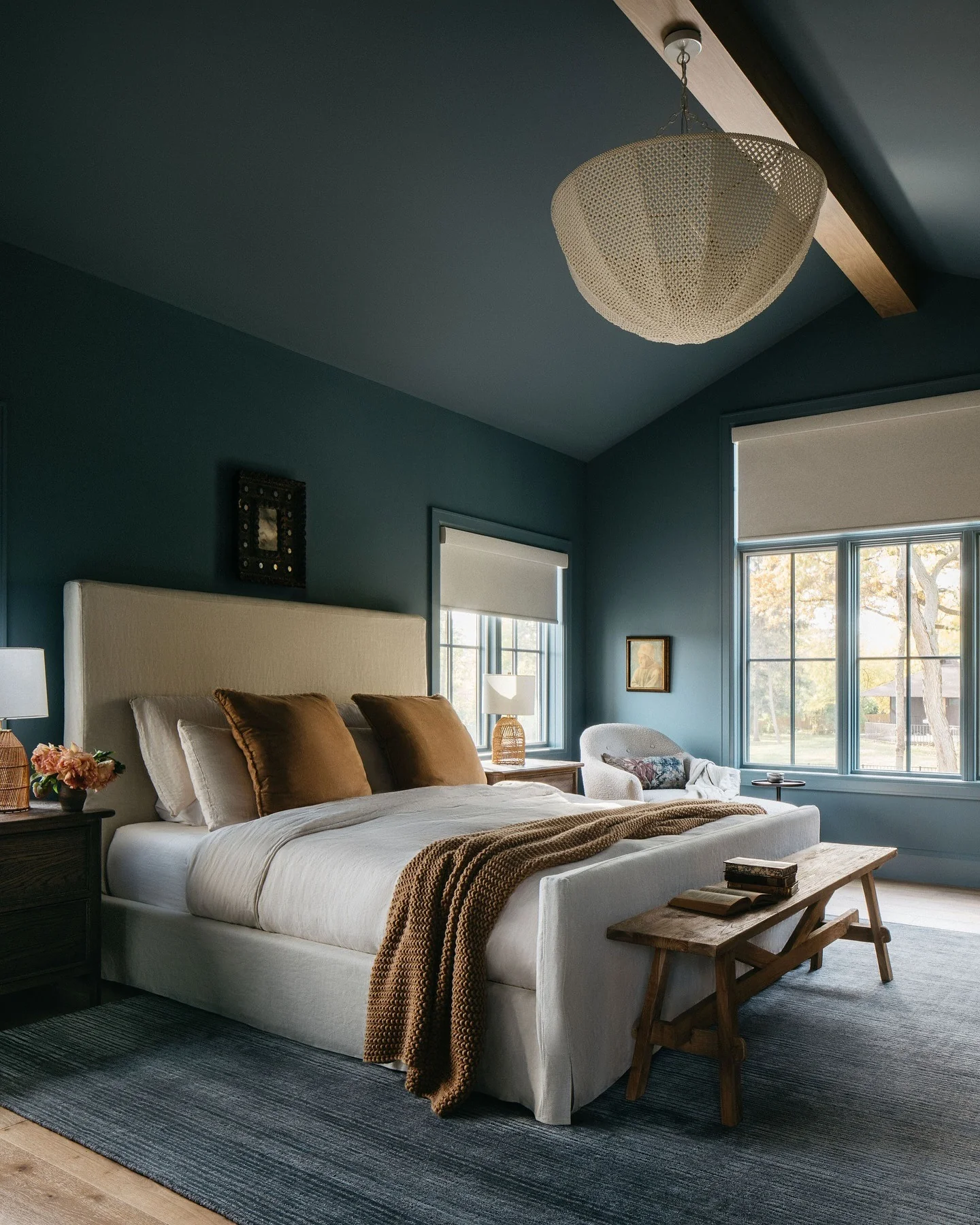 14. Modern Classic with Blue-Green and Warm Neutrals (Dark Green Bedroom Ideas)