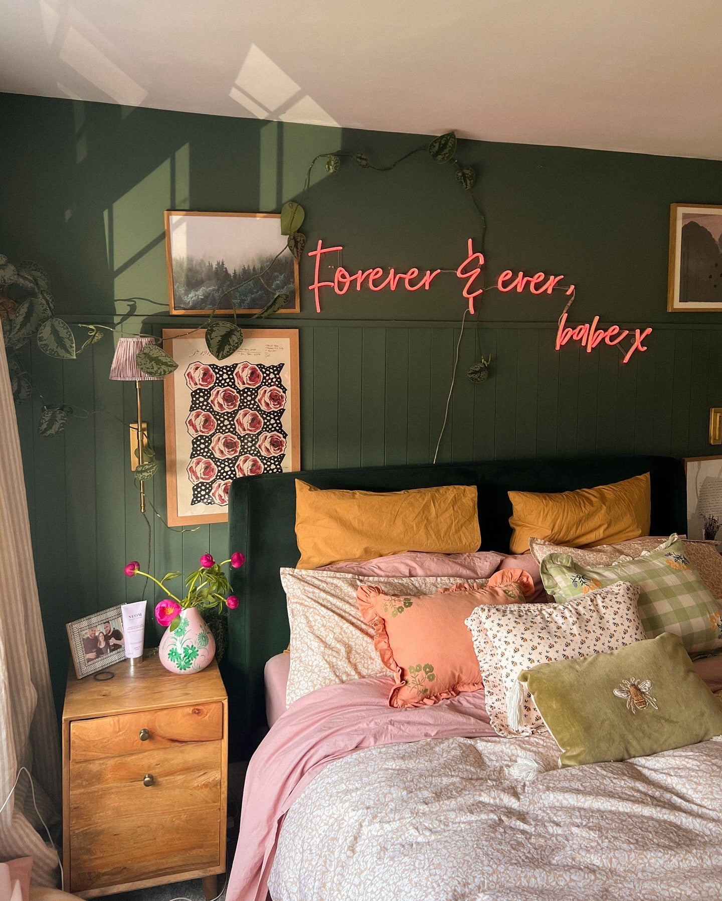 21. Romantic Layers with Playful Contrast (Dark Green Bedroom Ideas)